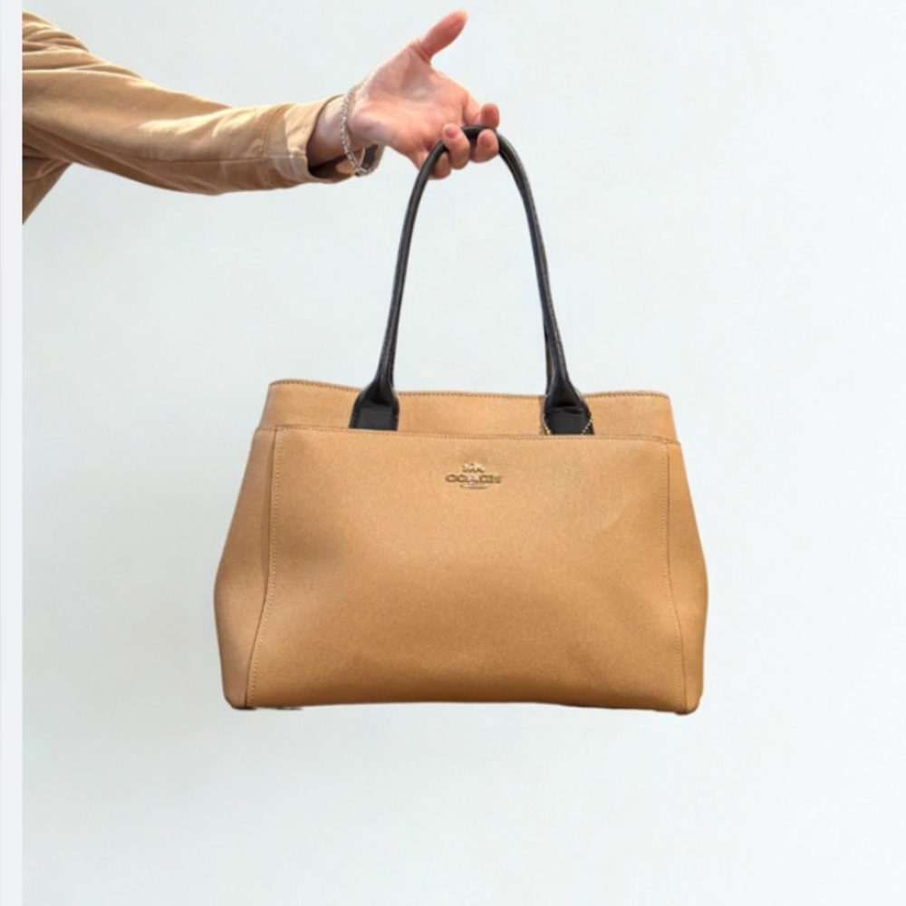 Coach  Casey Cross Grain Leather  Tan and Black Structured Tote Bag